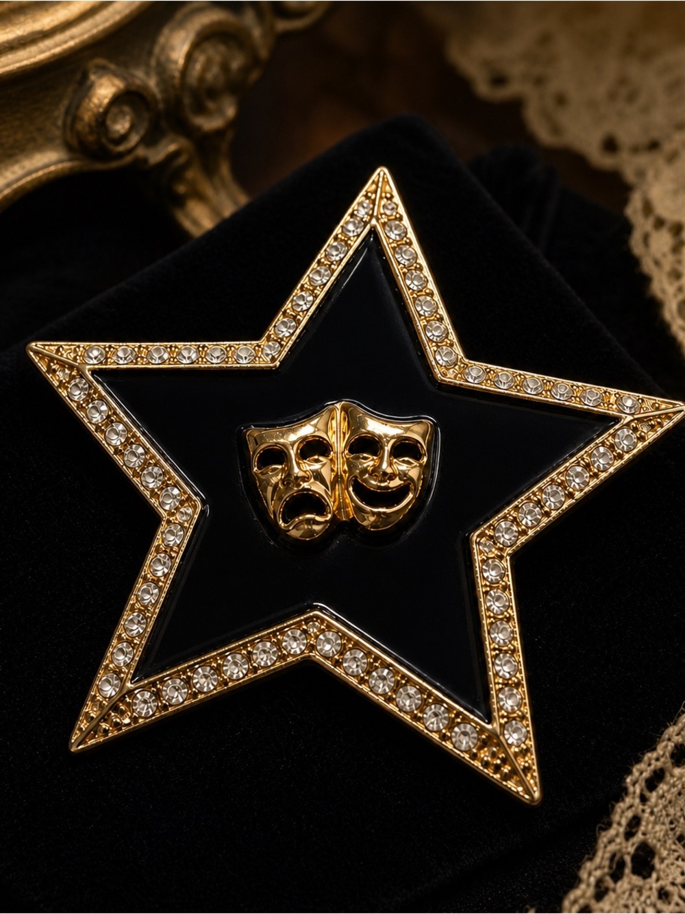 Comedy and Tragedy Masks on black Enamel and Golden Star Vintage